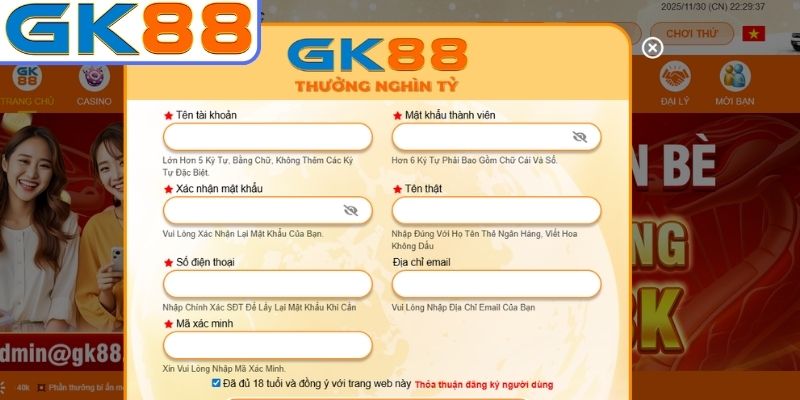 Điền thông tin đăng ký GK88