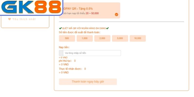 Nạp tiền GK88 qua ngân hàng